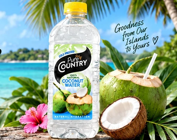 Pure Country coconut water with fresh coconuts on a Caribbean beach